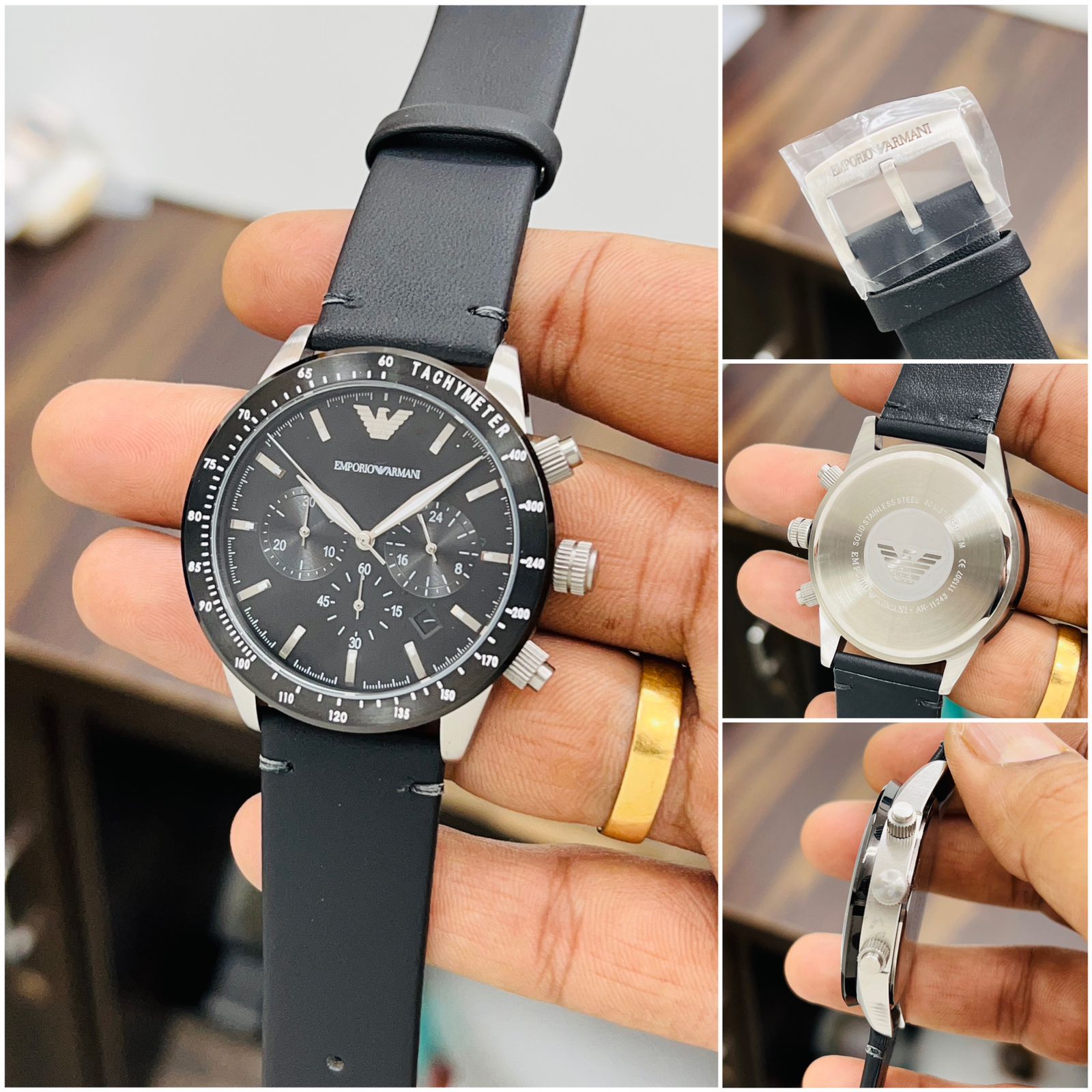 Emporio AR11243 men Armani chronograph black watch Goodsdream - leather with belt Quartz warranty for