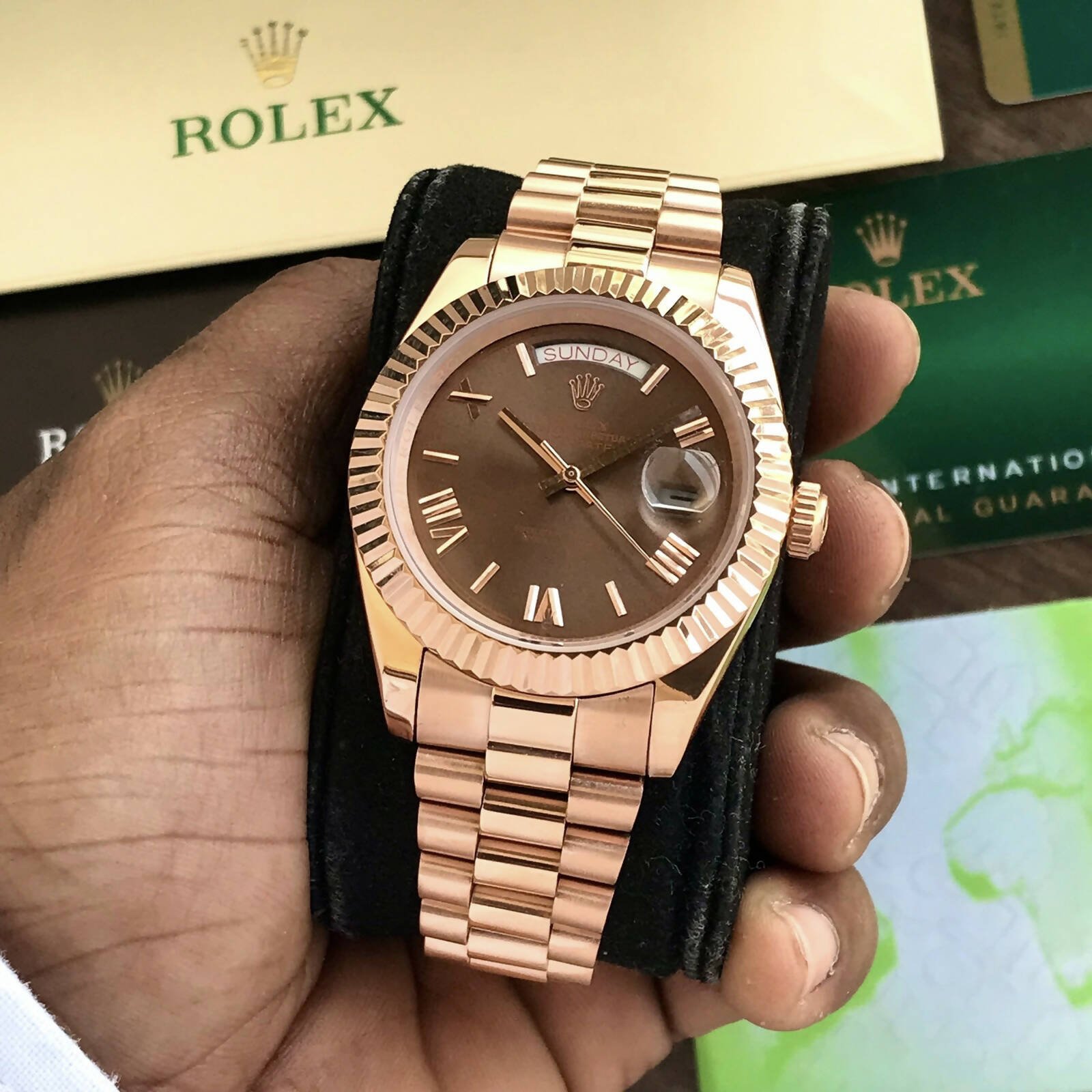 Rolex Day Date 40mm Stainless Steel Rosegold Brown Dial Men s