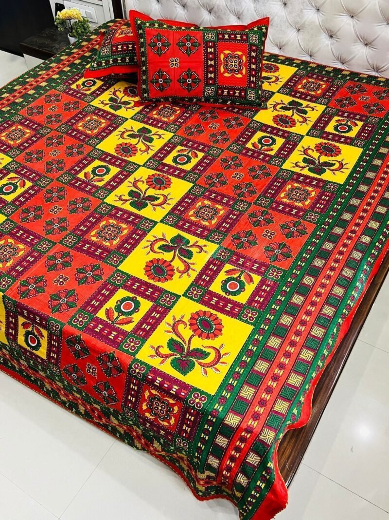 Traditional Kantha Work Double King Size Bedsheet with 2 Zipped Pillow Cover