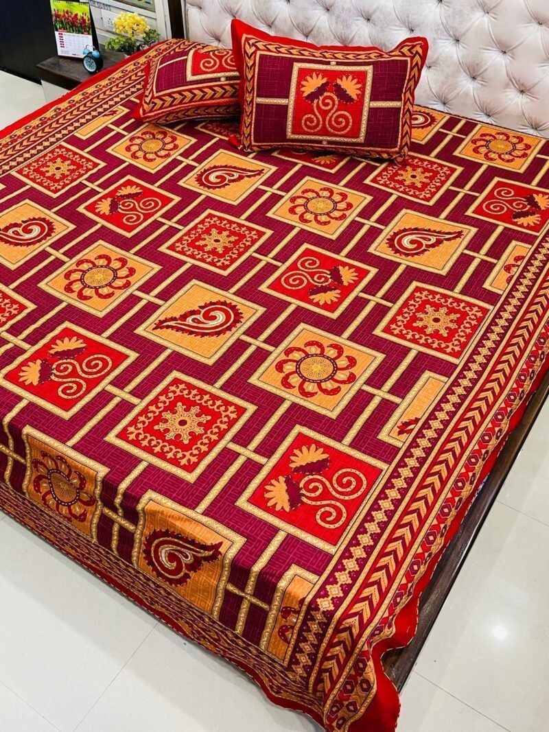 Traditional Kantha Work Double King Size Bedsheet with 2 Zipped Pillow Cover