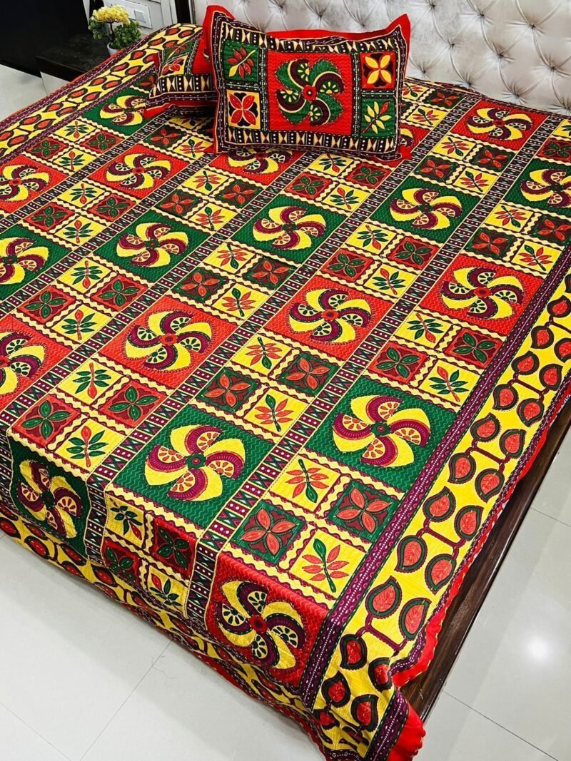 Traditional Kantha Work Double King Size Bedsheet with 2 Zipped Pillow Cover