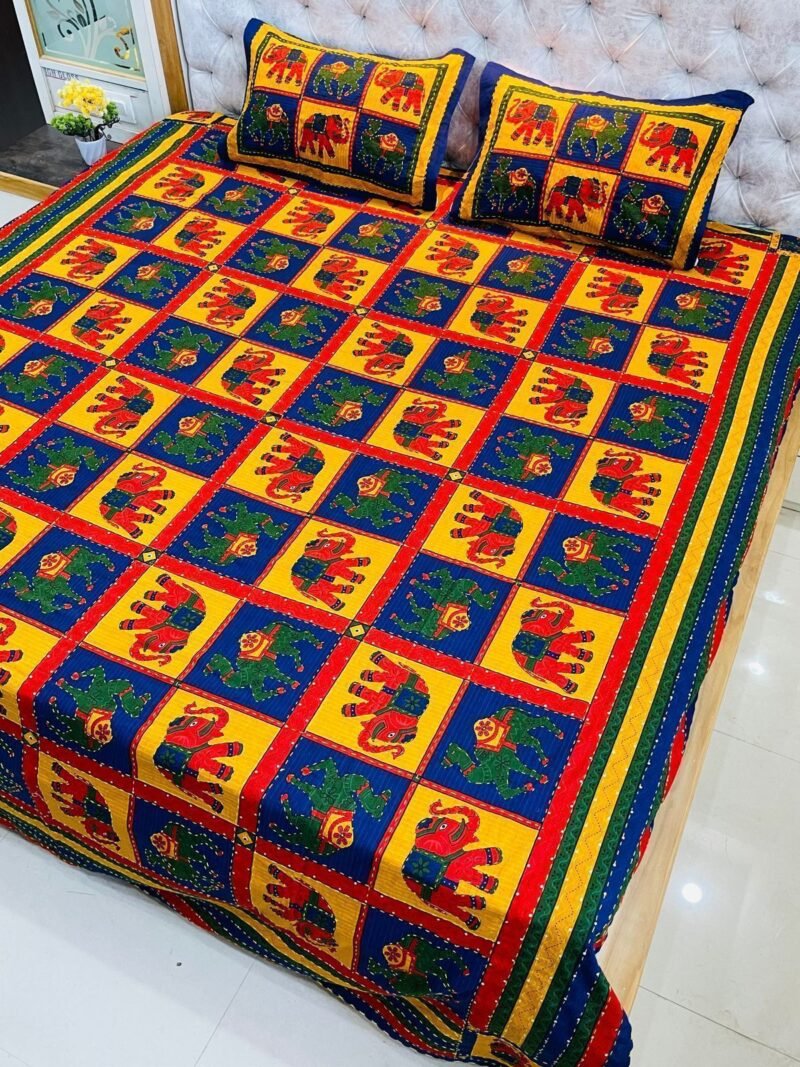 Traditional Kantha Work Double King Size Bedsheet with 2 Zipped Pillow Cover