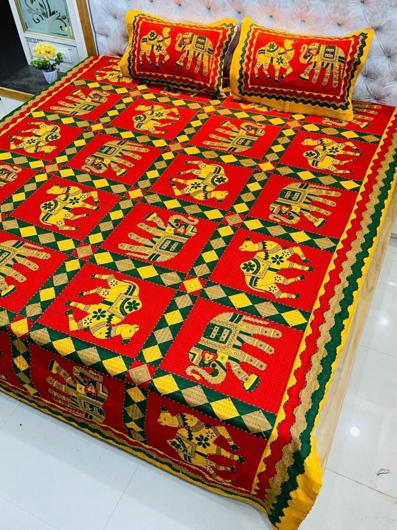 Traditional Kantha Work Double King Size Bedsheet with 2 Zipped Pillow Cover