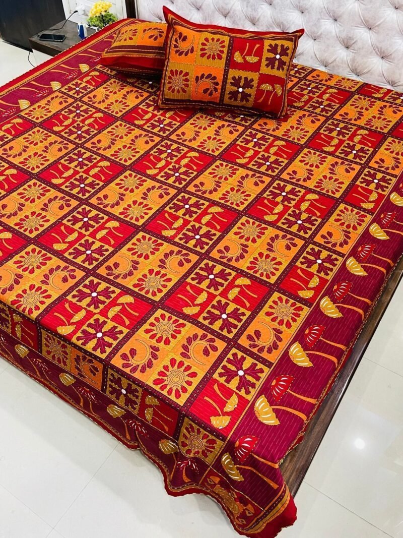 Traditional Kantha Work Double King Size Bedsheet with 2 Zipped Pillow Cover