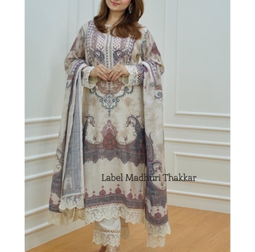 Ivory Digital Prints Sequence Embroidery and Lace Pakistani Suit For Women