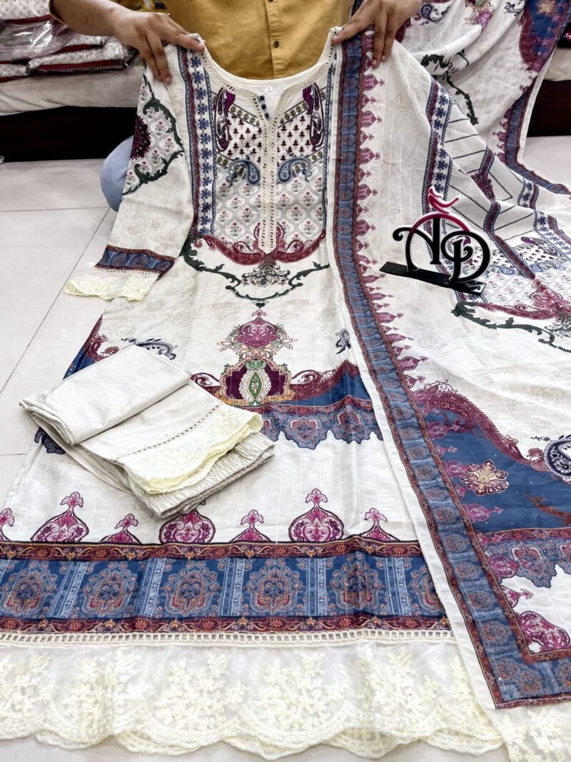 Ivory Digital Prints Sequence Embroidery and Lace Pakistani Suit For Women