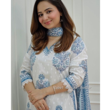 Blue and White Premium Cotton Afghani Suit Set For Women