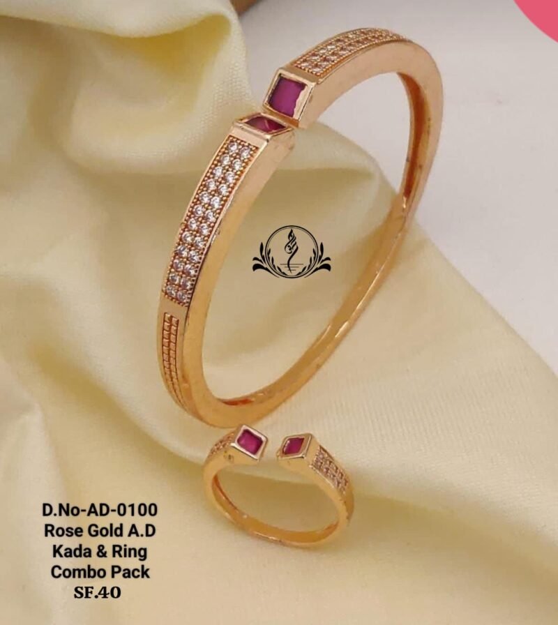 Fancy Rose Gold A.D. Kada & Ring Combo Pack For Womens