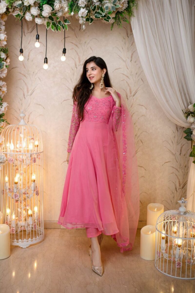 Trendy Baby pink Anarkali with a Sweetheart's Neck in the front and Tie-Up Accents in the back