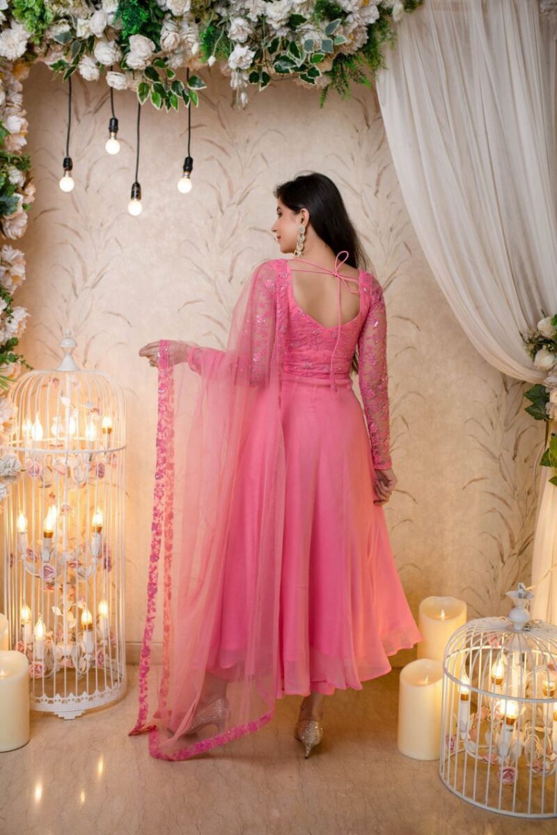 Trendy Baby pink Anarkali with a Sweetheart's Neck in the front and Tie-Up Accents in the back