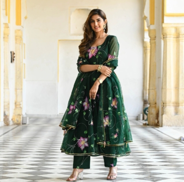 Dark Green Printed Organza Suit is a Work of Art, Featuring a Stunning Round Neck Design For Womens Wear to Outfit, Making it Ideal for Special Occasions