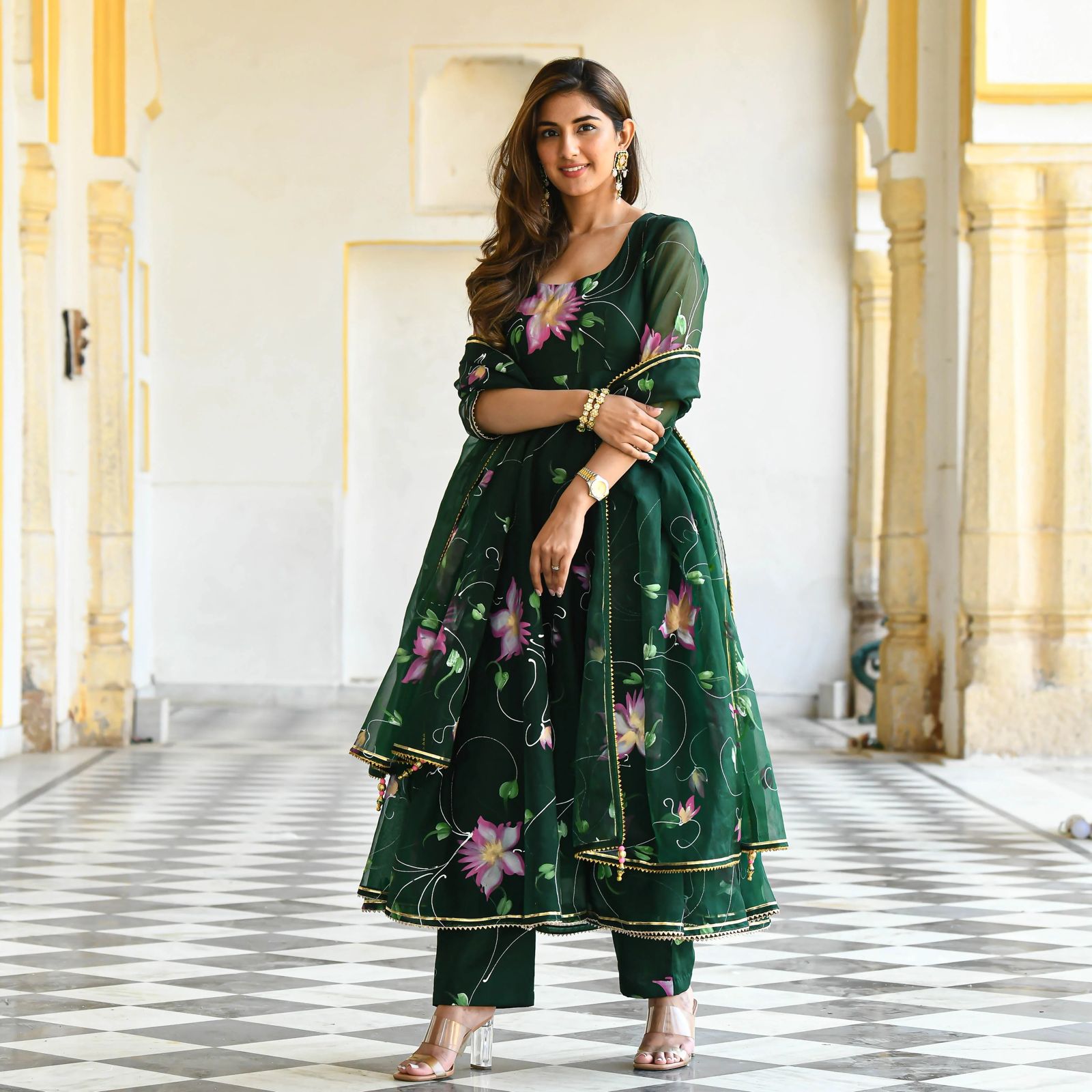 Dark Green Printed Organza Suit is a Work of Art, Featuring a