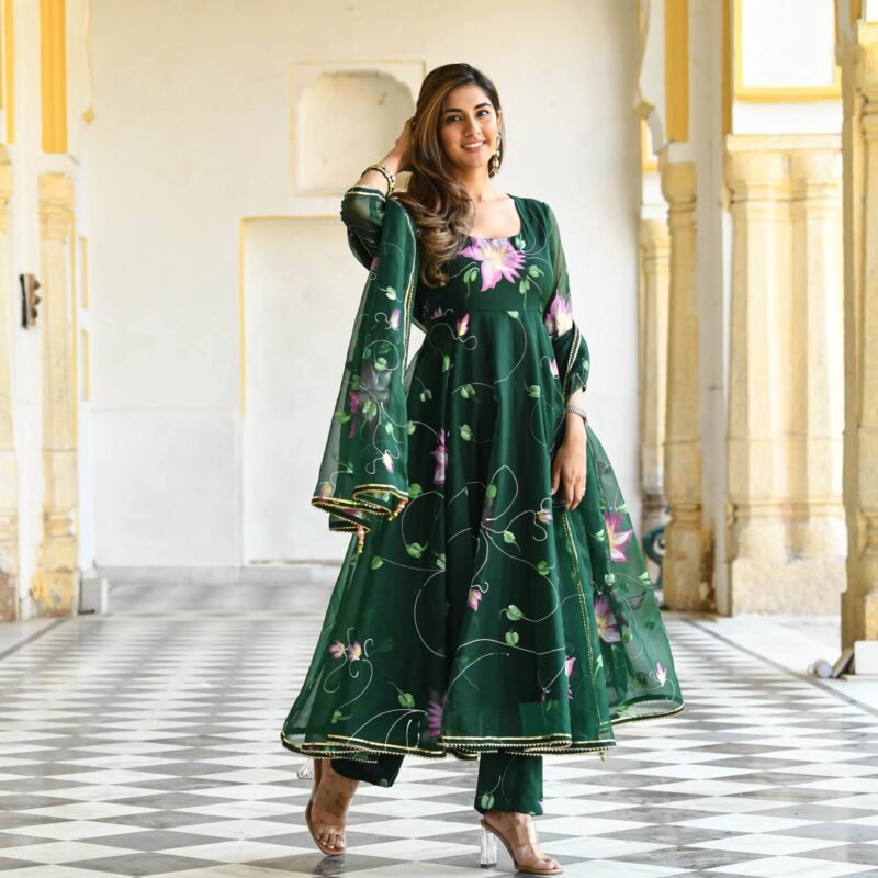 Dark Green Printed Organza Suit is a Work of Art, Featuring a Stunning Round Neck Design For Womens Wear to Outfit, Making it Ideal for Special Occasions