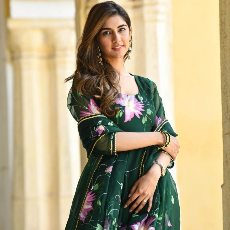 Dark Green Printed Organza Suit is a Work of Art, Featuring a Stunning Round Neck Design For Womens Wear to Outfit, Making it Ideal for Special Occasions