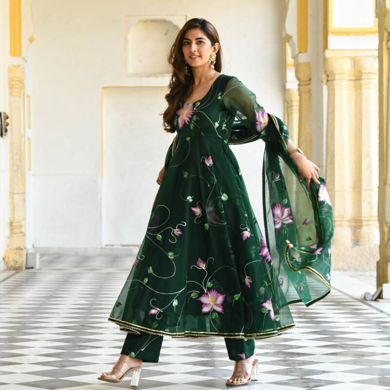 Dark Green Printed Organza Suit is a Work of Art, Featuring a Stunning Round Neck Design For Womens Wear to Outfit, Making it Ideal for Special Occasions