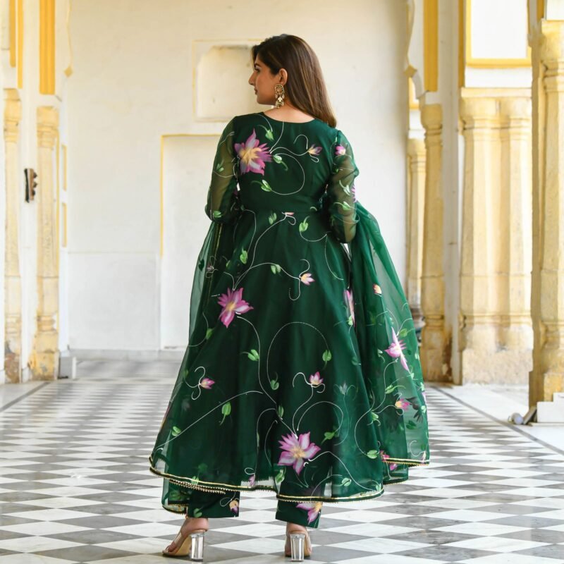 Dark Green Printed Organza Suit is a Work of Art, Featuring a Stunning Round Neck Design For Womens Wear to Outfit, Making it Ideal for Special Occasions