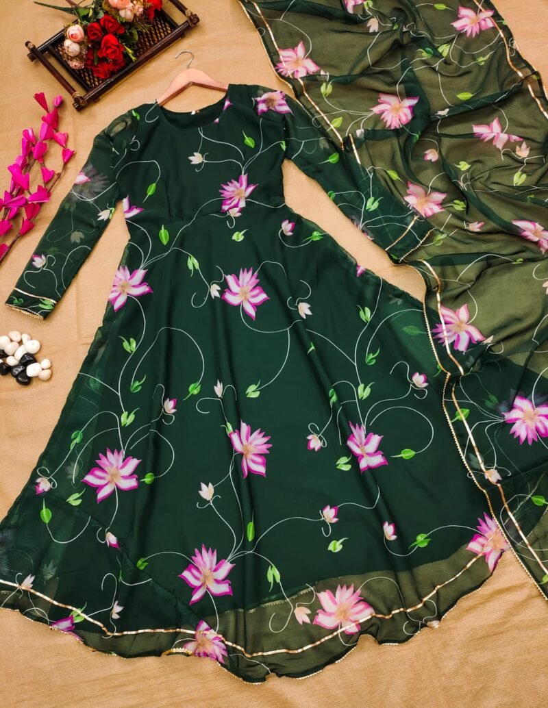 Dark Green Printed Organza Suit is a Work of Art, Featuring a Stunning Round Neck Design For Womens Wear to Outfit, Making it Ideal for Special Occasions