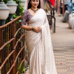 Soft Grey Germen Crape Silk Saree with Allover Mango Woven Design & Blouse Perfectly Matched Self Woven Tilak Crape Silk