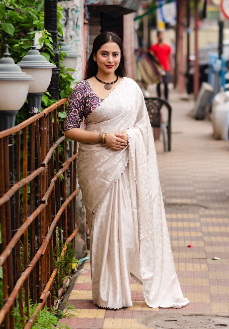 Soft Grey Germen Crape Silk Saree with Allover Mango Woven Design & Blouse Perfectly Matched Self Woven Tilak Crape Silk