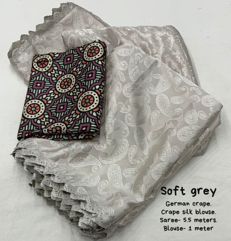 Soft Grey Germen Crape Silk Saree with Allover Mango Woven Design & Blouse Perfectly Matched Self Woven Tilak Crape Silk