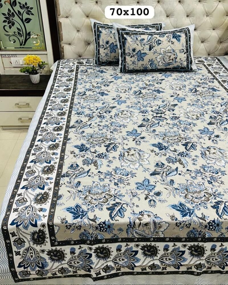 Jaipuri Printed Single Size Medium Bedsheets With 2 Zipped Pillow Covers