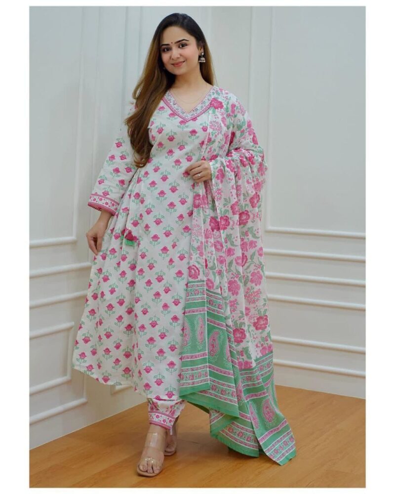 White-Pink Floral Afghani Suit Set with Afghani Pants and Dupatta For Stylish Ladies & Festive Gathering