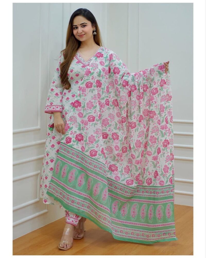 White-Pink Floral Afghani Suit Set with Afghani Pants and Dupatta For Stylish Ladies & Festive Gathering