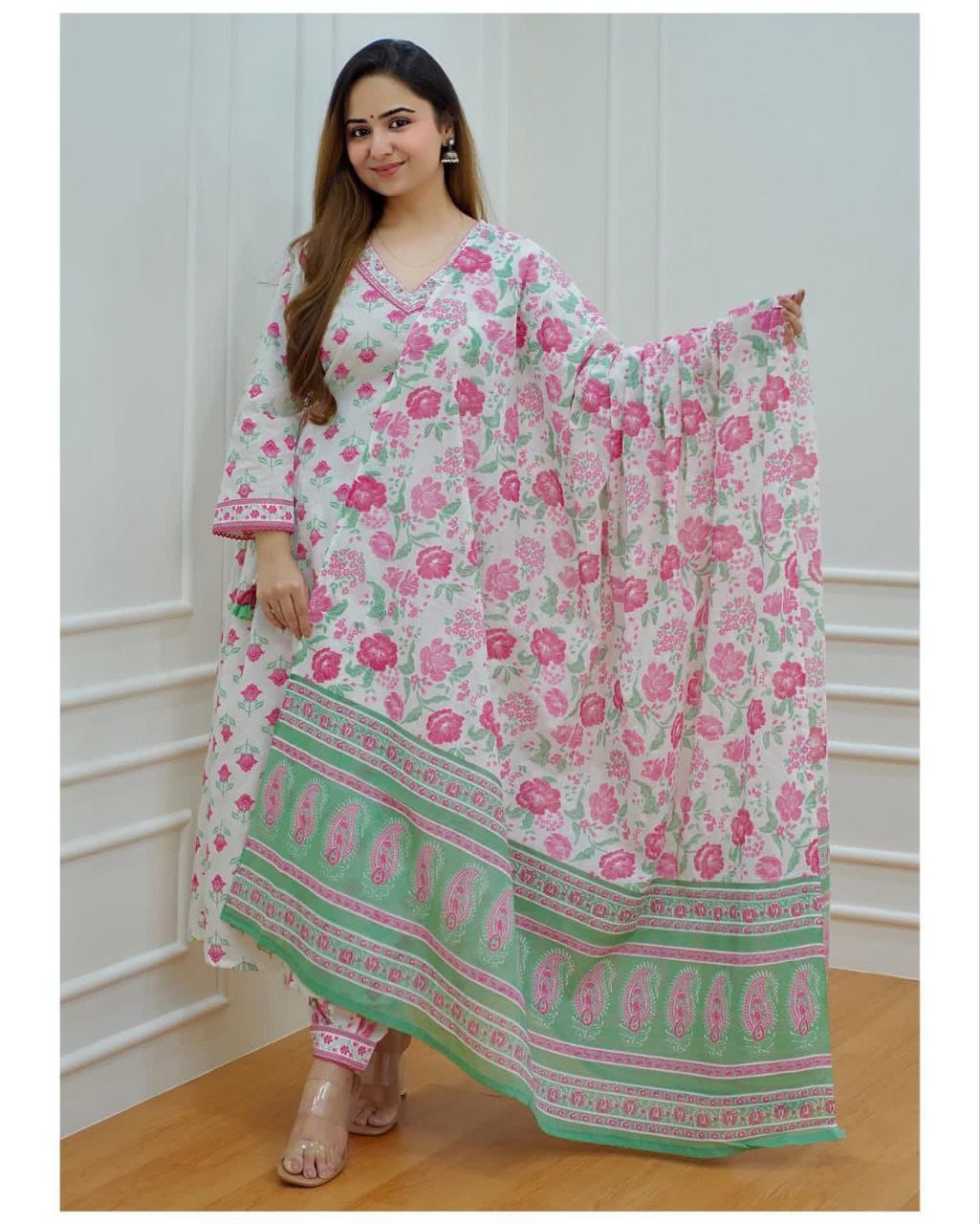 White-Pink Floral Afghani Suit Set with Afghani Pants and Dupatta