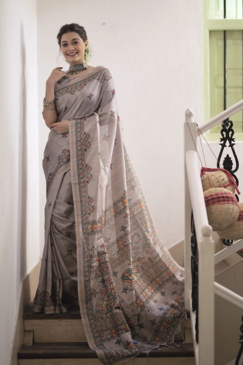 Tussar Silk Saree with Beautiful Madhubani Print and Finished Zari Border with Fancy Pallu and Tassels For Womens