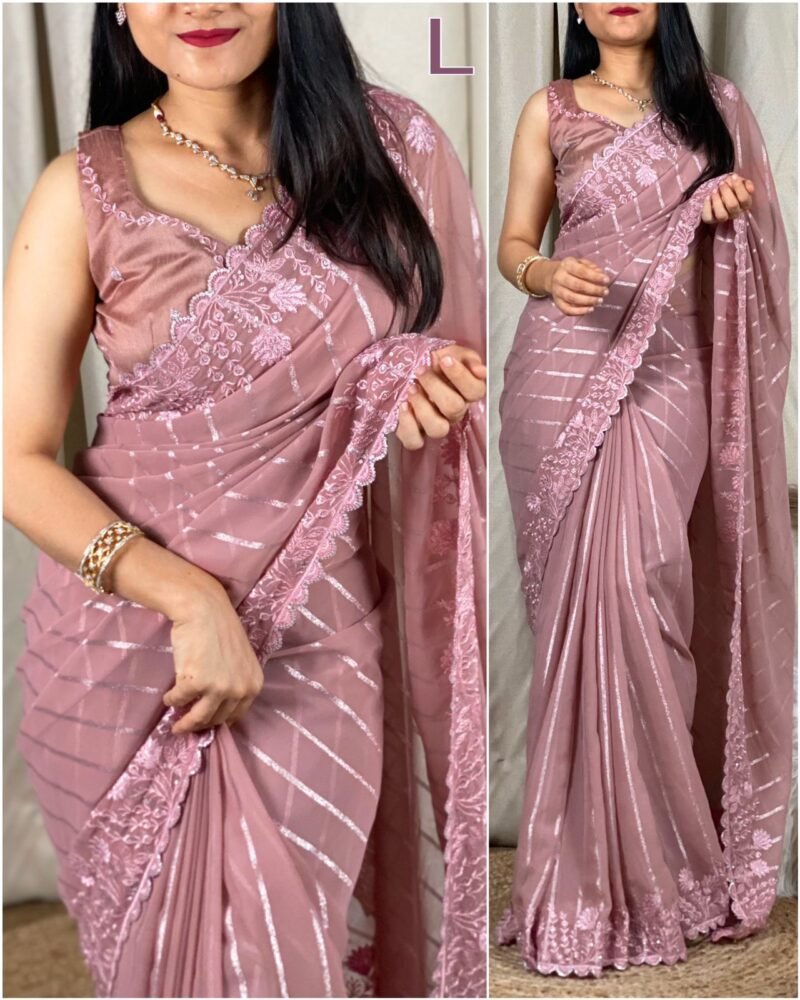 Georgette Weave Stylish Sequence Cut Work With To Tone Thread Work In Saree & Blouse