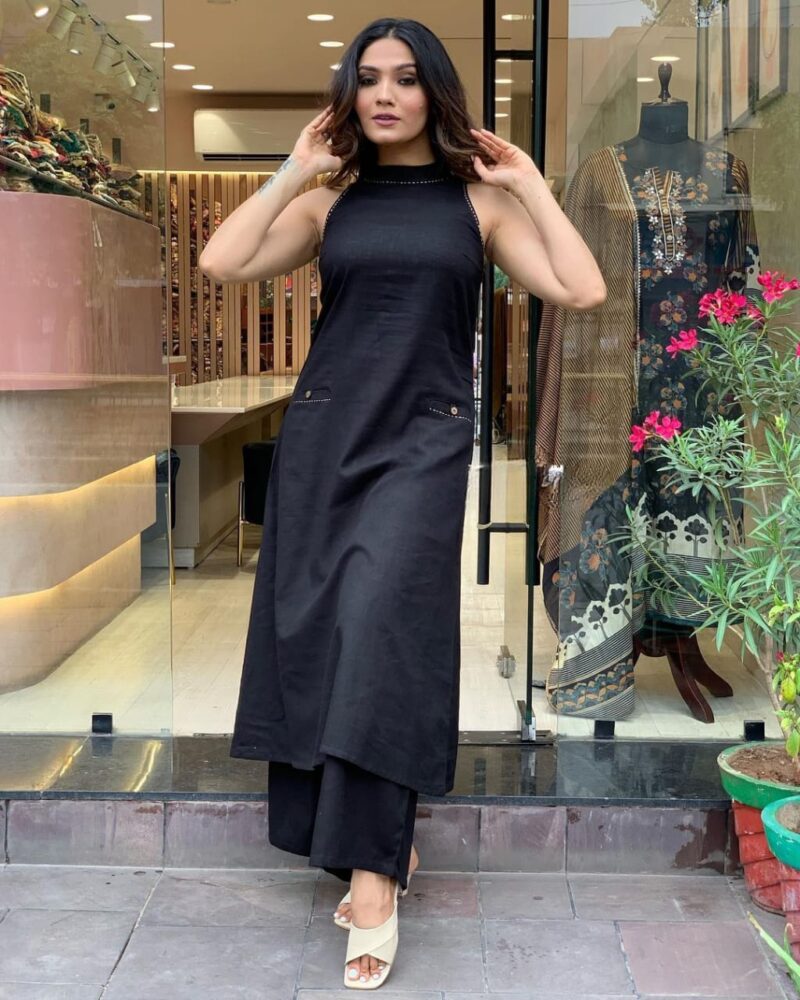 Pure Cotton Work Kurti with Plazo Hot Black Colour Look Very Smart Perfect Look for Summer & Sleeveless Kurti for Smarty Women