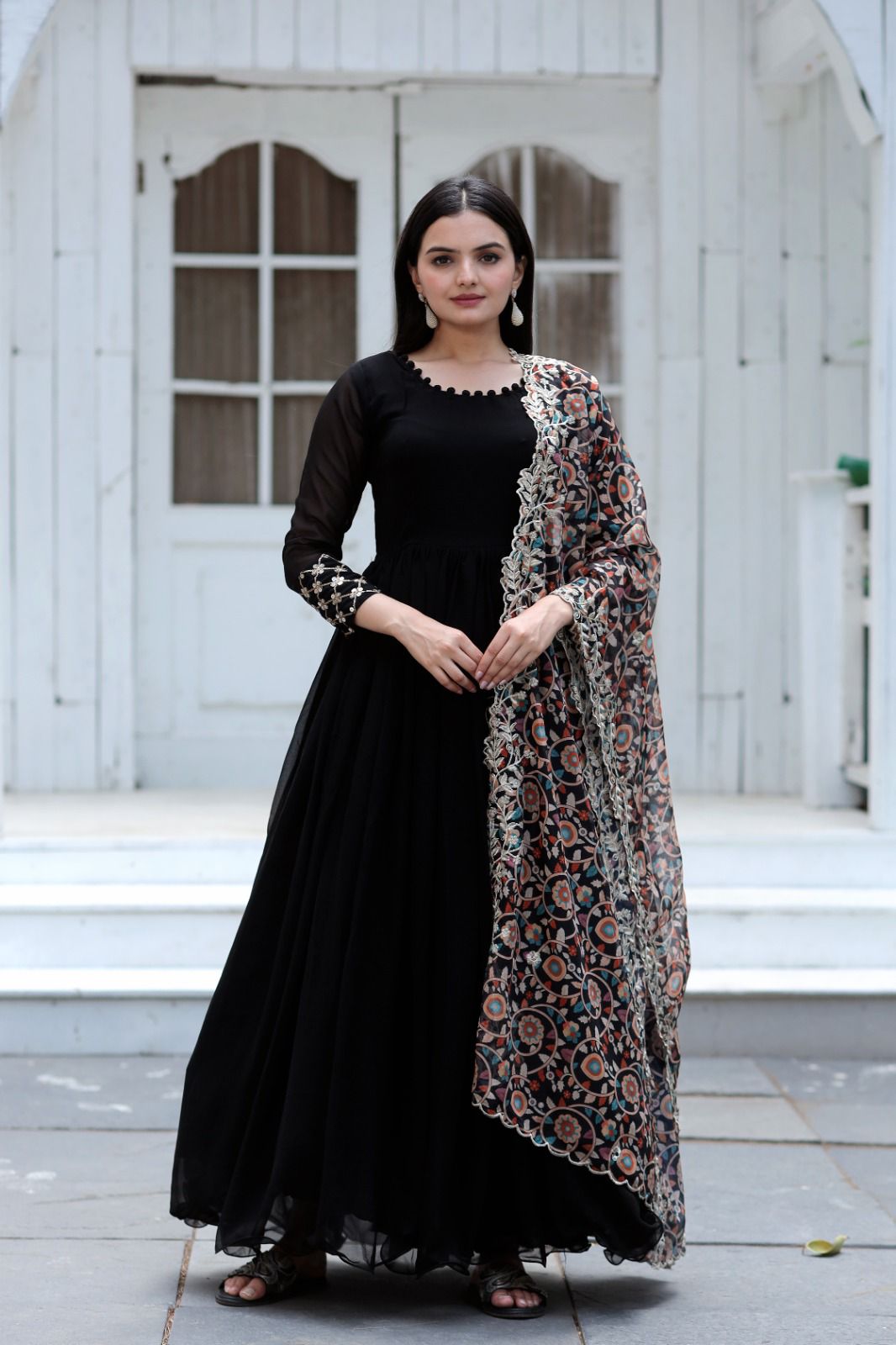 BLACK KERRY - BLACK ANARKALI GOWN SUIT WITH EMBROIDERED DUPATTA