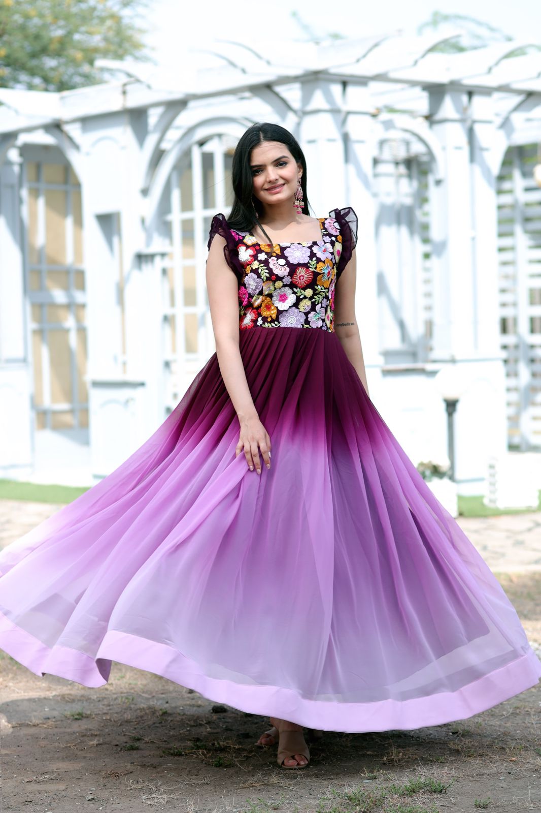 Buy Organza Floral Print Designer Gown In Dark Grey Colour Online -  LSTV03635 | Andaaz Fashion