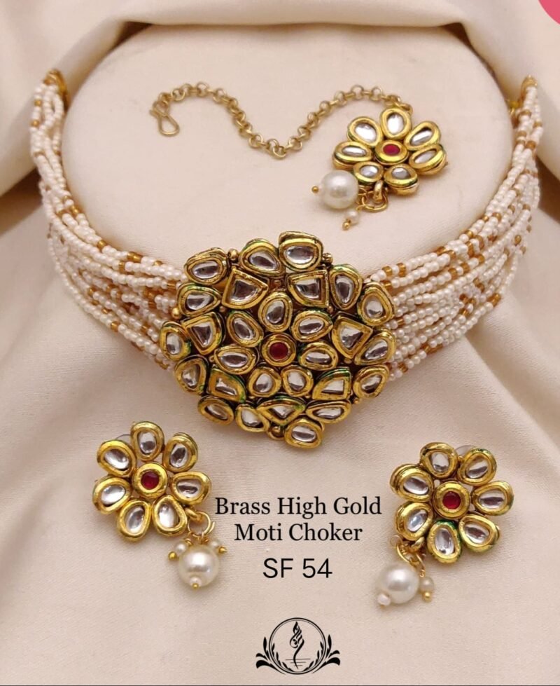 Fancy Brass High Gold Moti Choker For Womens Collection