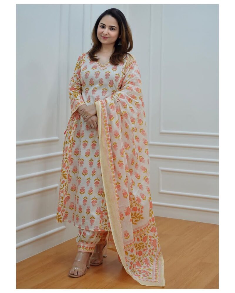 Yellow Ivory Floral Afghani Suit Set It Is Paired With Matching Afghani Pants And Dupatta For Stylish Ladies