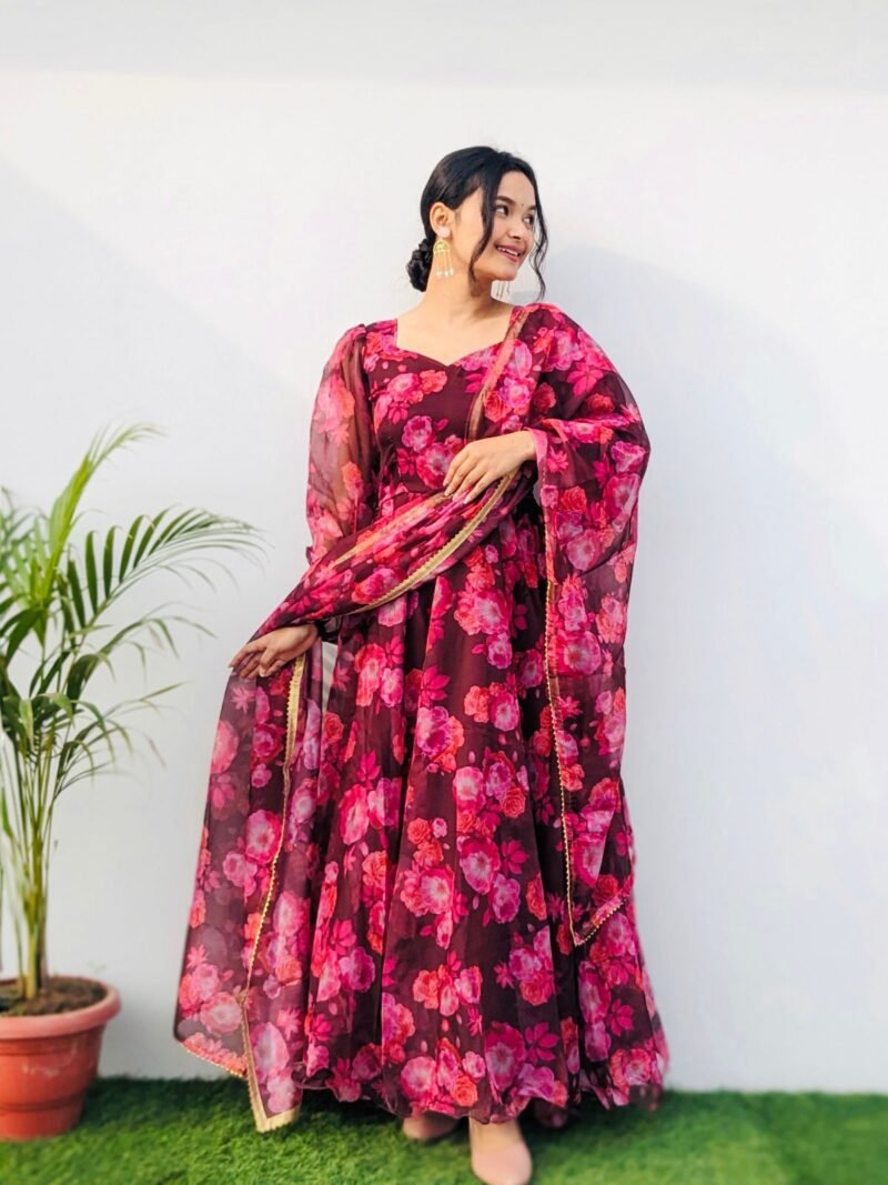 New Party Wear Look Organza Taby Silk Gown With Dupatta For Womens Collection