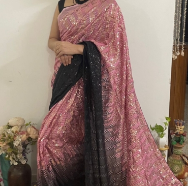 Printed Faux Georgette With Dual Sequence Designer Embroidered Saree Collection For Womens