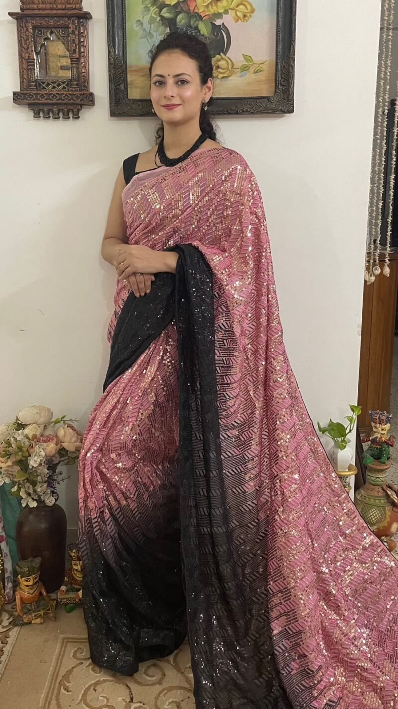 Printed Faux Georgette With Dual Sequence Designer Embroidered Saree Collection For Womens