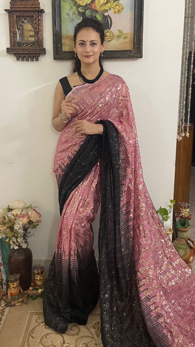 Printed Faux Georgette With Dual Sequence Designer Embroidered Saree Collection For Womens