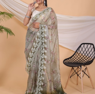 Pure Soft Organza Silk Saree With Beautiful Floral Prints For Womens