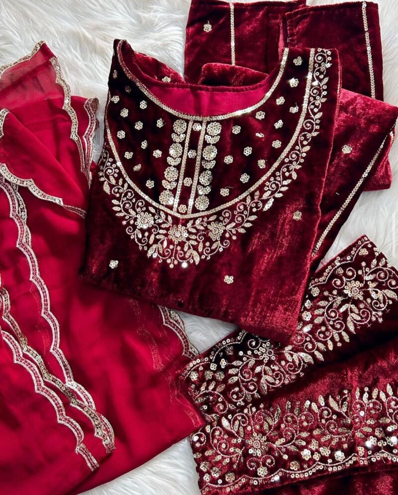 Velvet With Heavy Faux Georgette Embroidery Top Pakistani Suit For Women's