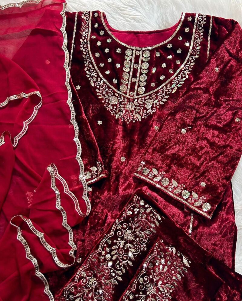 Velvet With Heavy Faux Georgette Embroidery Top Pakistani Suit For Women's