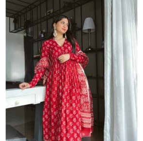 Red Anarkali With Full Sleeves Set