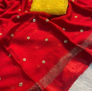 Viscose Georgette Multi Squence Emrodiry Full Work Saree With Banarasi Silk Blouse