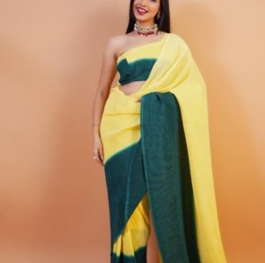 Premium Chinon Silk Padding Shaded Blouse with Pleated Saree