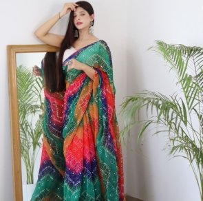 Multicolour Bandhani Print Sequence & Mirror Work Saree