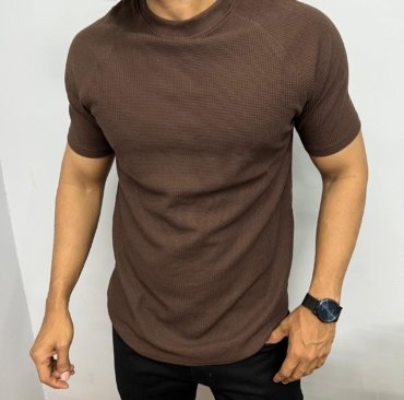 New Cotton Waffle Fabric Round Neck Half Sleeve T-Shirt