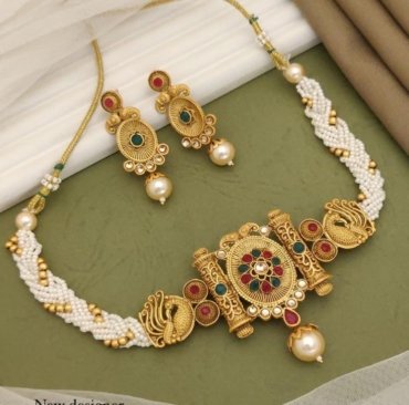 Trending Antique Gold Plated Choker Necklace with Unique Shape for Women & Girls – Jewellery Set